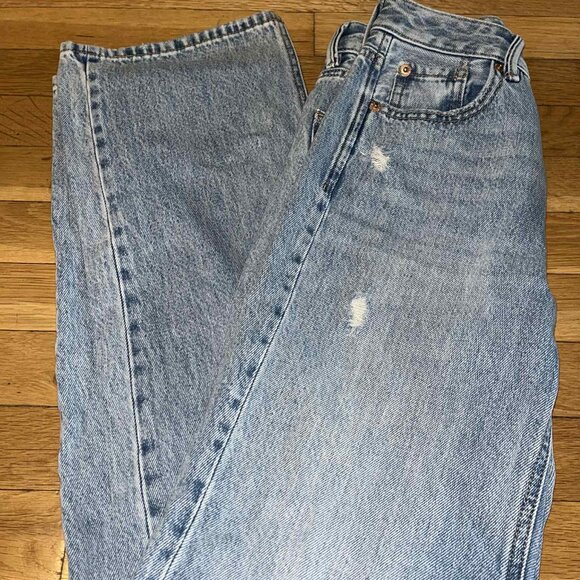 Stradivarius 90's Light Blue Distressed Denim - Ripped Knees Jeans - Size 0 - Picture 6 of 7